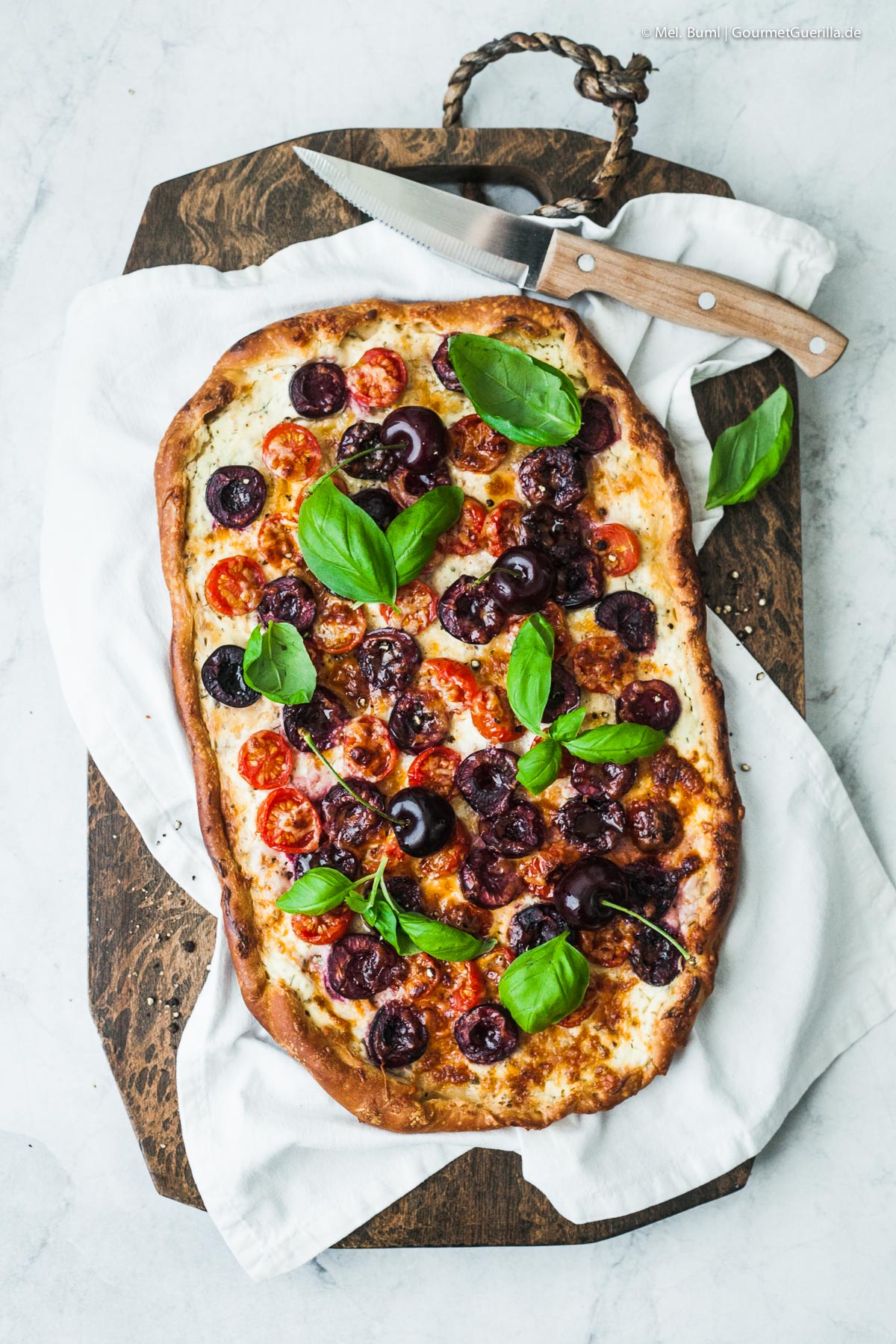 Fast summer pizza with cherries, tomatoes and pecorino | GourmetGuerilla.com