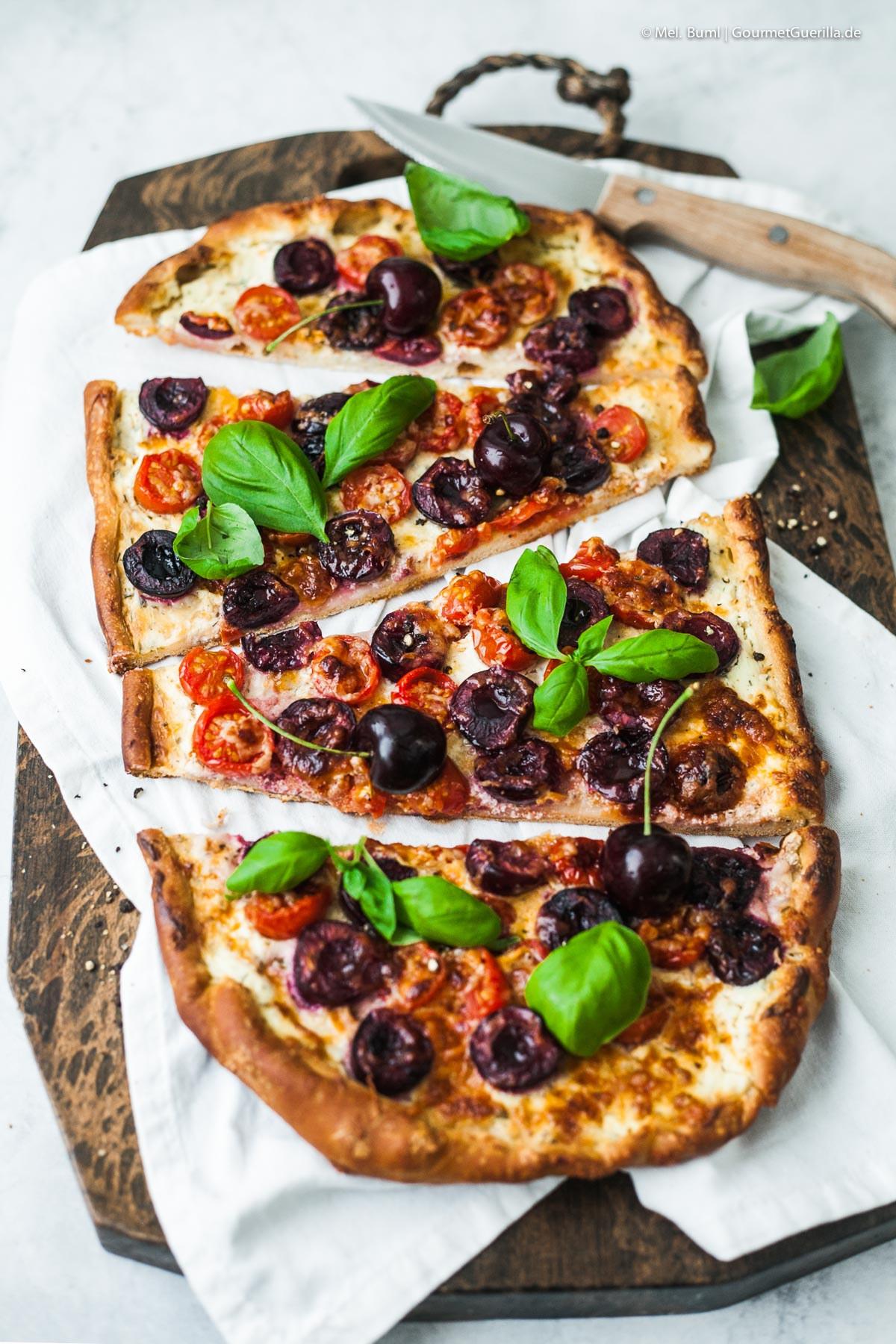 Fast summer pizza with cherries, tomatoes and pecorino | GourmetGuerilla.com
